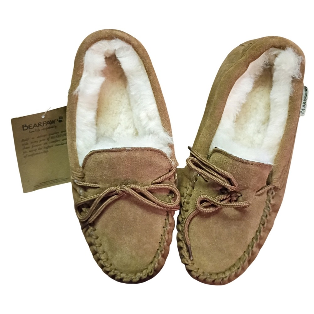 Bearpaw Mens Suede Moccasin Slippers Hickory Brown Never Wet Faux Fur Lined